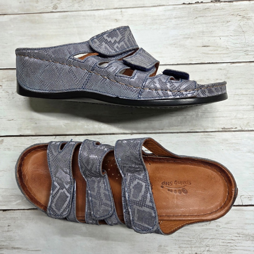 Spring Step Snakeskin Print Slide Strappy Sandals Womens 36 Silver Blue
